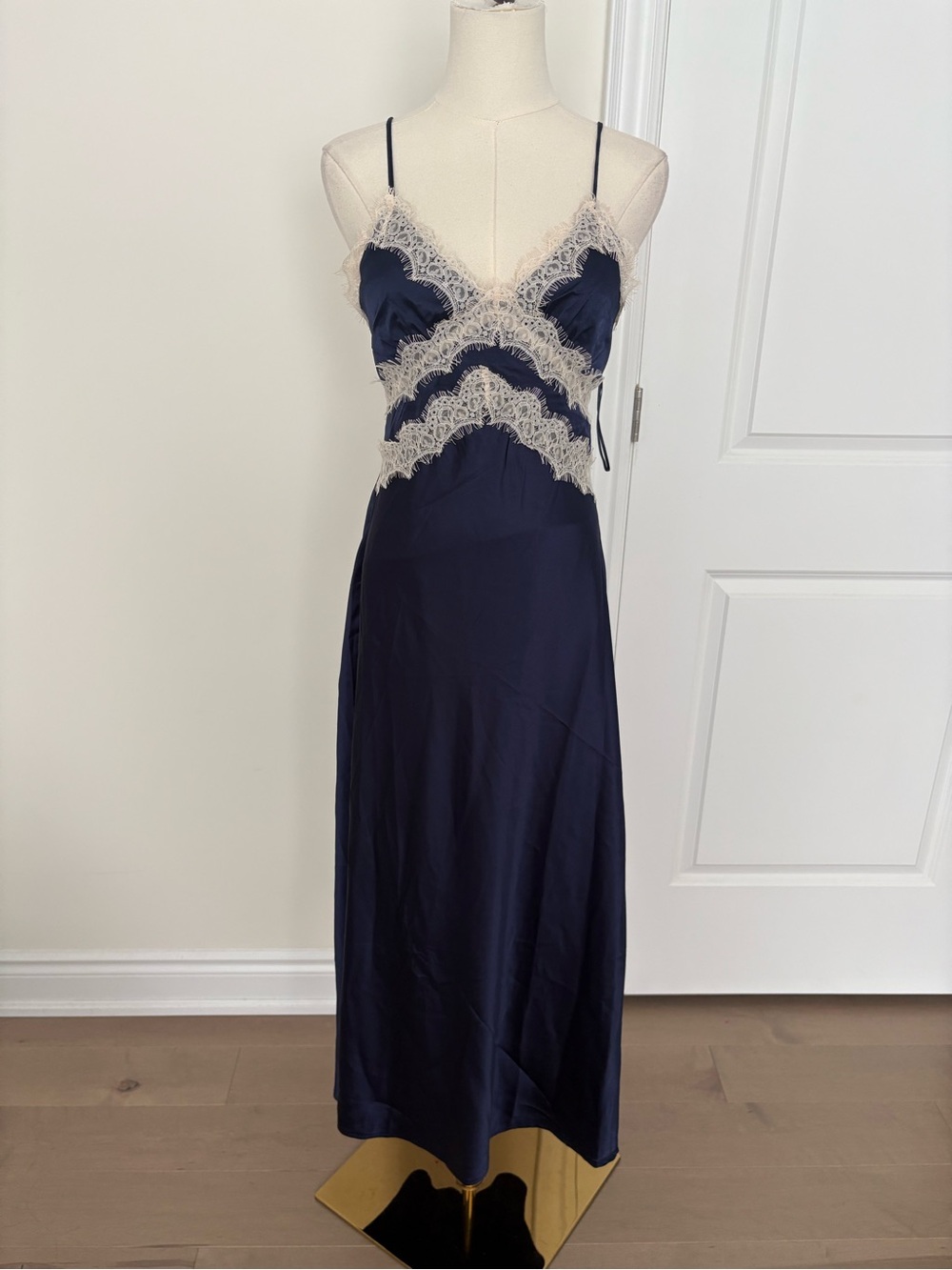 Thirty Thirty LA Navy Satin Lace Maxi Slip Dress – Size M – NWT